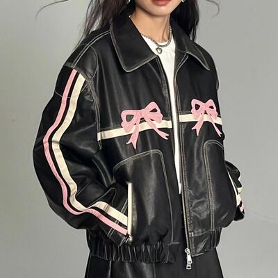 Bow Knot PU Leather Bomber Jacket 