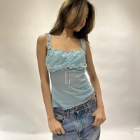 Blue Lace Ruffle Square Neck Top - Thumbnail 1