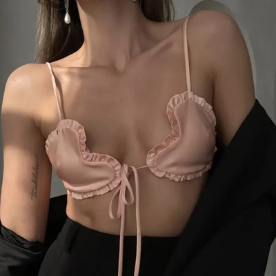 Pink Satin Heart Ruffle Crop Top