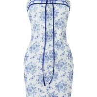 Blue Floral Tie Up Strapless Mini Dress - Thumbnail 7