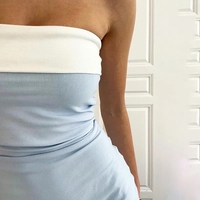 Blue & White Patchwork Strapless Dress - Thumbnail 3