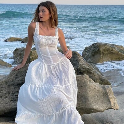 White pleated lace up square collar ruffle maxi dress  - Thumbnail 2