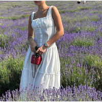 White Pleated Lace Up Square Collar Ruffle Maxi Dress  - Thumbnail 4