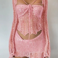 2PCS Pink Sequin See Through Hollow Out Top + Skirt Set - Thumbnail 4
