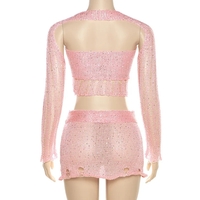 2PCS Pink Sequin See Through Hollow Out Top + Skirt Set - Thumbnail 7