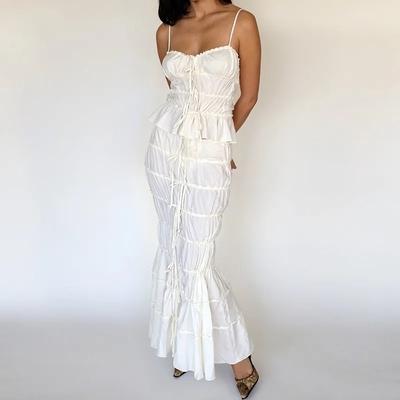 2PCS White Ruffle Camisole + High Waist Long Skirt