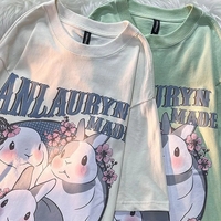 Rabbit Floral Print Short Sleeve T-shirt  - Thumbnail 1