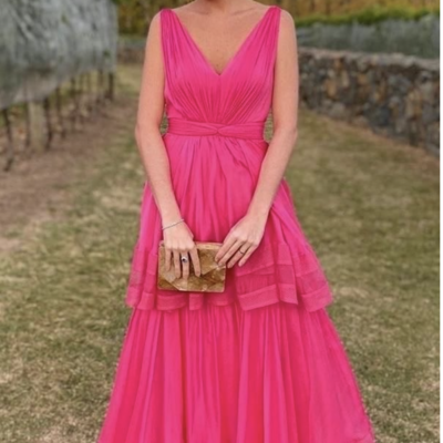 V neck fuchsia prom dresses floor length sleeveless - Thumbnail 2