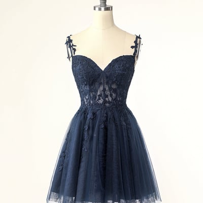 Navy spaghetti straps knee length party dress with applique - Thumbnail 1