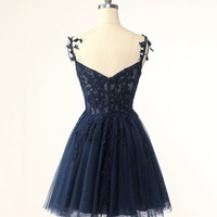 Navy Spaghetti Straps Knee Length Party Dress with Applique - Thumbnail 2