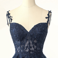 Navy Spaghetti Straps Knee Length Party Dress with Applique - Thumbnail 3