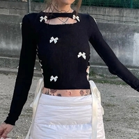 Black Bow Ribbon Hollow Out Knit Long Sleeve Shirt  - Thumbnail 2