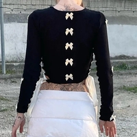 Black Bow Ribbon Hollow Out Knit Long Sleeve Shirt  - Thumbnail 3
