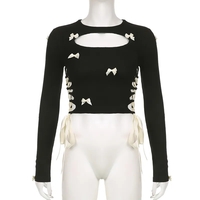 Black Bow Ribbon Hollow Out Knit Long Sleeve Shirt  - Thumbnail 4