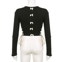 Black Bow Ribbon Hollow Out Knit Long Sleeve Shirt  - Thumbnail 7