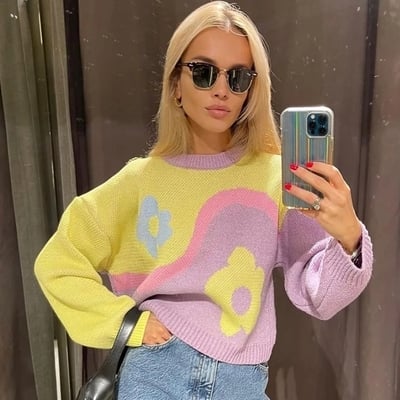 Purple & yellow flower print patchwork sweater  - Thumbnail 4