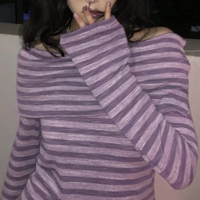 Purple stripe slash neck long sleeve shirt  - Thumbnail 3