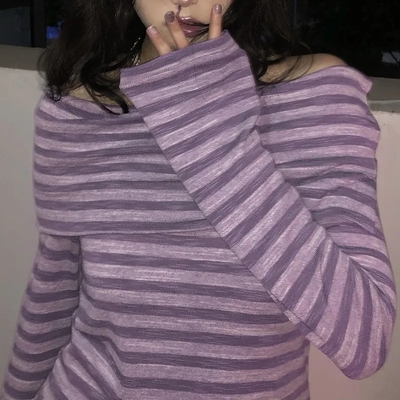 Purple Stripe Slash Neck Long Sleeve Shirt 