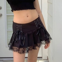 Black Bow Lace Up Pleated Mini Skirt  - Thumbnail 1