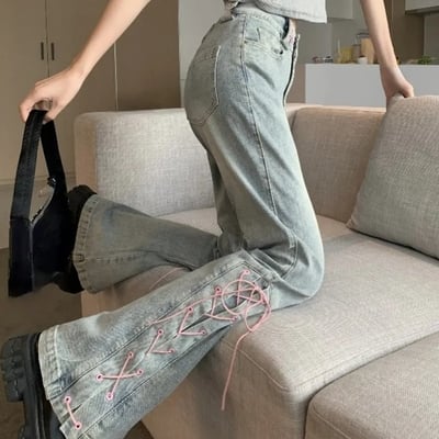 Pink lace up high waist flare pants 