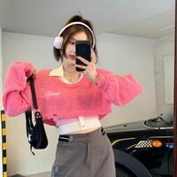 Pink Y2K Oversized Cropped Smock Sweater  - Thumbnail 4