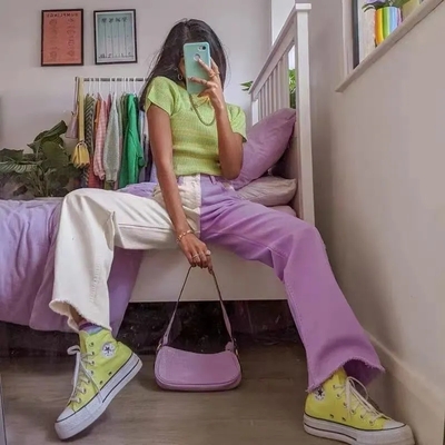 Purple & White Patchwork Straight Wide Leg Pants 