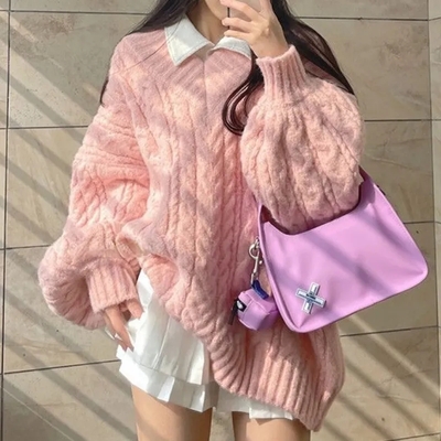 Pink preppy cable knit v neck sweater  - Thumbnail 2