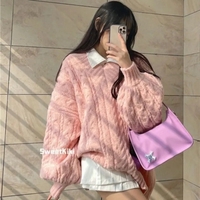 Pink Preppy Cable Knit V Neck Sweater  - Thumbnail 1