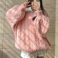 Pink Preppy Cable Knit V Neck Sweater  - Thumbnail 2