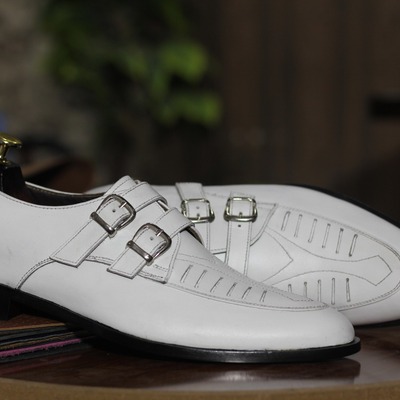 Men's pure handmade leather white color double buckle loafer shoes - Thumbnail 1