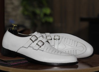 Men's Pure Handmade Leather White Color Double Buckle Loafer Shoes