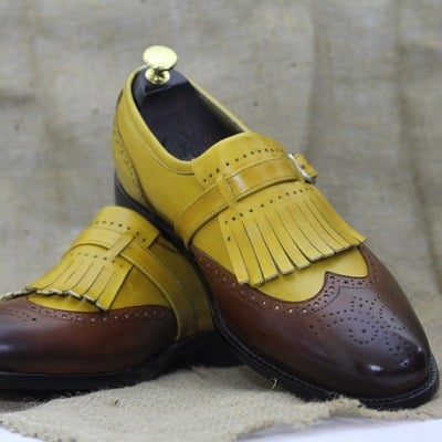Men's bespoke handmade yellow and brown color fringe buckle genuine leather wing tip brogue toe style shoes - Thumbnail 1