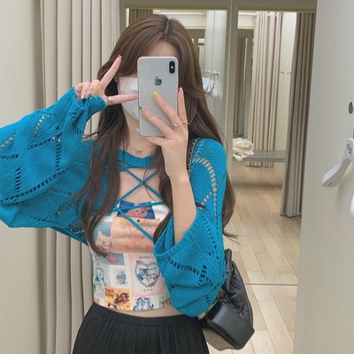 Blue hollow out cropped cardigan  - Thumbnail 3