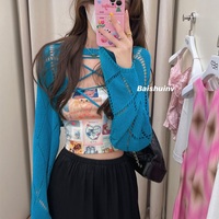 Blue Hollow Out Cropped Cardigan  - Thumbnail 1