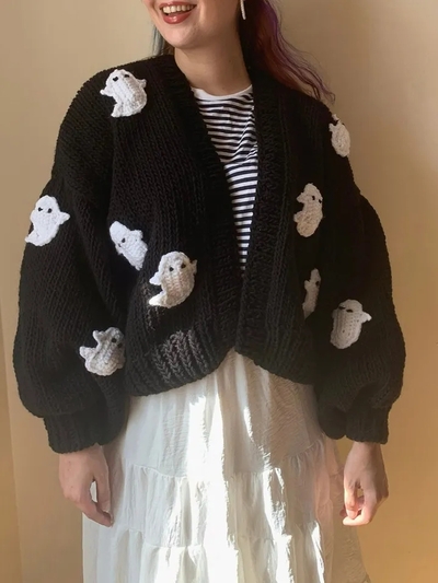3D Black Ghost Crochet Sweater 