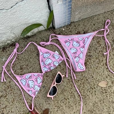 3D Pink Japanese Anime Cat Bikini Set