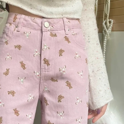 Pink teddy bear print straight leg pants 