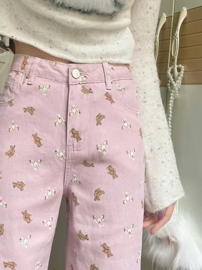 Pink Teddy Bear Print Straight Leg Pants 