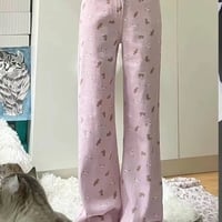 Pink Teddy Bear Print Straight Leg Pants  - Thumbnail 2