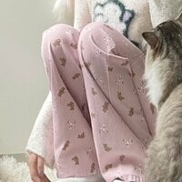 Pink Teddy Bear Print Straight Leg Pants  - Thumbnail 6