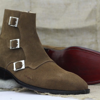 Men's new fashion triple buckle brown color side zipper style suede designer boots - Thumbnail 2