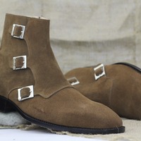 Men's New Fashion Triple Buckle Brown Color Side Zipper Style Suede Designer Boots - Thumbnail 1