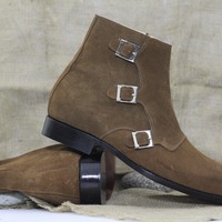 Men's New Fashion Triple Buckle Brown Color Side Zipper Style Suede Designer Boots - Thumbnail 2