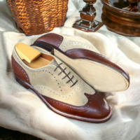 Bespoke Hand Stitched Wing Tip and  Brogue Toe Brown Beige Color Leather Suede Lace Up Shoes for Men's  - Thumbnail 1