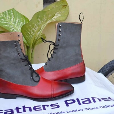 Handmade red gray suede leather ankle high dress lace up boot - Thumbnail 3