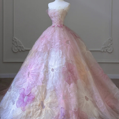 Pink strapless tulle long ball gown with flowers - Thumbnail 1