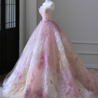 Pink Strapless Tulle Long Ball Gown with Flowers - Thumbnail 1