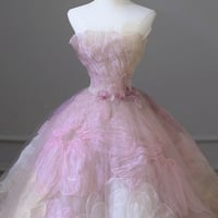 Pink Strapless Tulle Long Ball Gown with Flowers - Thumbnail 2