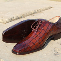 Handmade Brown Crocodile Texture Leather Lace up Dress Shoes - Thumbnail 1