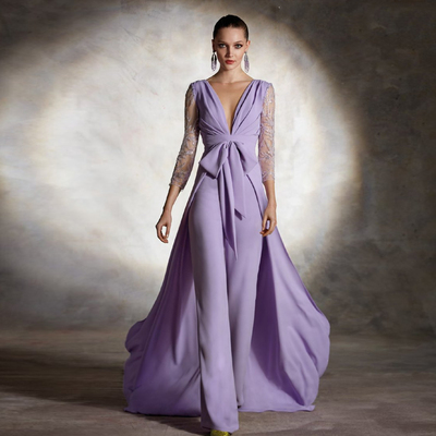 Elegant Lilac Mother of the Bride /Groom Dresses O Neck Long Sleeves Pants Suit Wedding Party Gowns Beaded Floor-Length